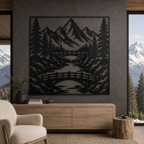 Mountain Bridge Laser SVG | Mountain Scene DXF | Pine Forest Metal Art | River Landscape CNC File | Rustic Cabin Wall Decor SVG HappyDesignStudio 