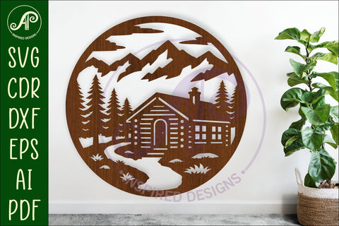 Mountain Cabin Forest Circle SVG Laser Cut File Cabin sign SVG APInspireddesigns 