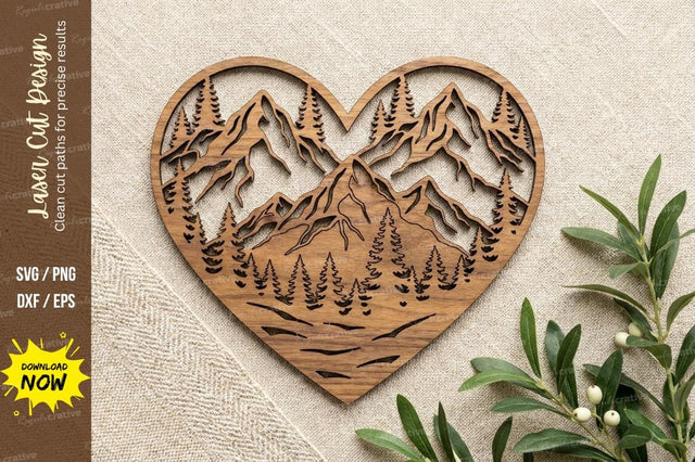 Mountain Cabin Heart Laser Cut, mountain cabin svg, heart landscape svg, SVG Regulrcrative 