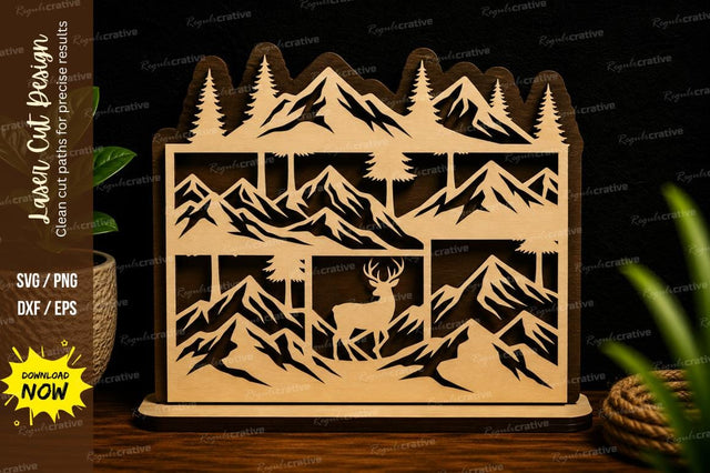 Mountain Deer Landscape Frame Laser Cut Svg Design SVG Regulrcrative 