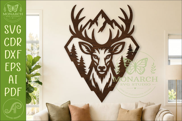 Mountain Deer Wall Art SVG, Rustic Buck Laser Cut File, Wood SVG APInspireddesigns 