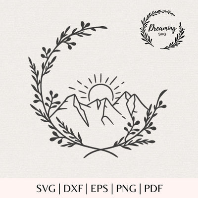 Mountain Floral Wreath SVG - Geometric Sun Landscape Template - Adventure Sign Cut File for Cricut Silhouette SVG DreamingSVG 