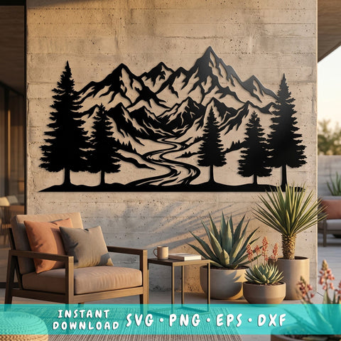 Mountain Forest Metal Wall Art SVG | CNC Plasma Cut File | Rustic Mountain Scene DXF Eps | Laser Cut Landscape Design | Nature Wall Decor SVG HappyDesignStudio 