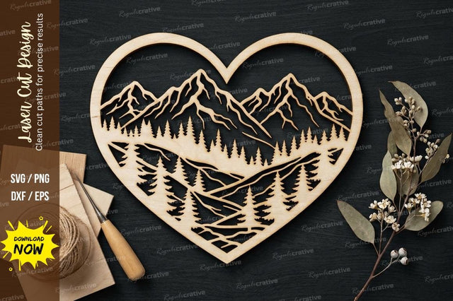 Mountain Lake Heart Laser Cut, mountain lake svg, heart landscape svg, SVG Regulrcrative 