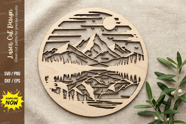 Mountain Lake Reflection Scene – Laser Cut Wooden Circular Landscape Wall Art SVG Regulrcrative 
