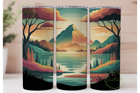 Mountain Lake Sunset 20oz Tumbler Wrap Sublimation PixelChick 