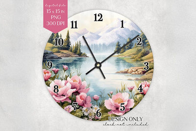 Mountain Lake Wall Clock Sublimation Design PNG Sublimation BijouBay 