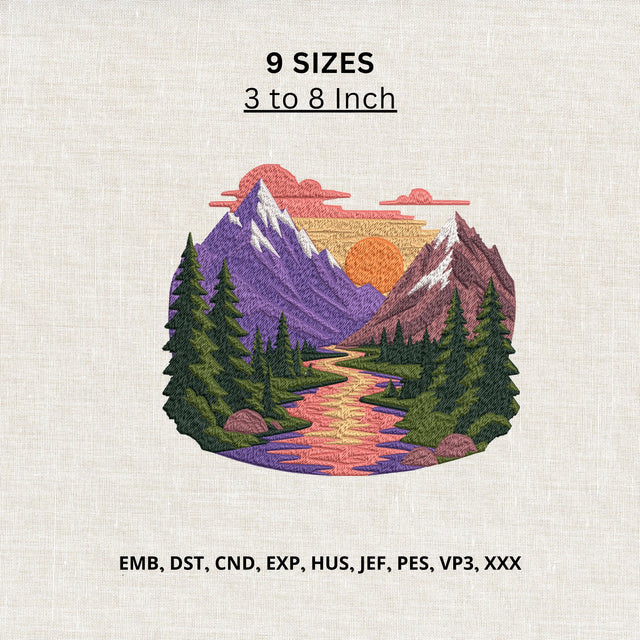 Mountain Landscape Machine Embroidery Design – Nature Forest River Sunset Embroidery File Embroidery/Applique DESIGNS PatternFeed8 