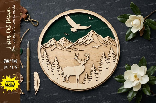 Mountain Landscape Round SVG Laser Cut Design | Nature Adventure Scene Pattern SVG Regulrcrative 