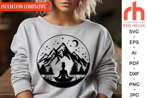 Mountain Landscape SVG, Silhouette of a Girl in a Yoga Pose, Outdoor Scene Cut File, Meditation Theme DXF SVG RedHelgaArt 