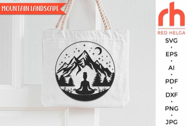 Mountain Landscape SVG, Silhouette of a Girl in a Yoga Pose, Outdoor Scene Cut File, Meditation Theme DXF SVG RedHelgaArt 