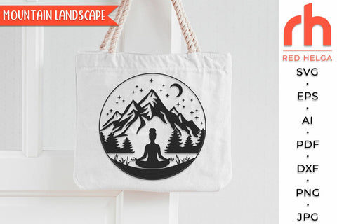 Mountain Landscape SVG, Silhouette of a Girl in a Yoga Pose, Outdoor Scene Cut File, Meditation Theme DXF SVG RedHelgaArt 