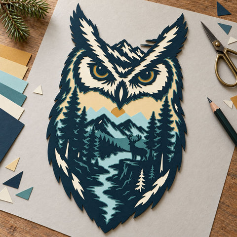 Mountain Owl 3D SVG | Owl Laser Cut File | 6 Layer Forest Owl SVG | Wildlife Landscape DXF | Layered Woodland Wall Art 3D Paper HappyDesignStudio 