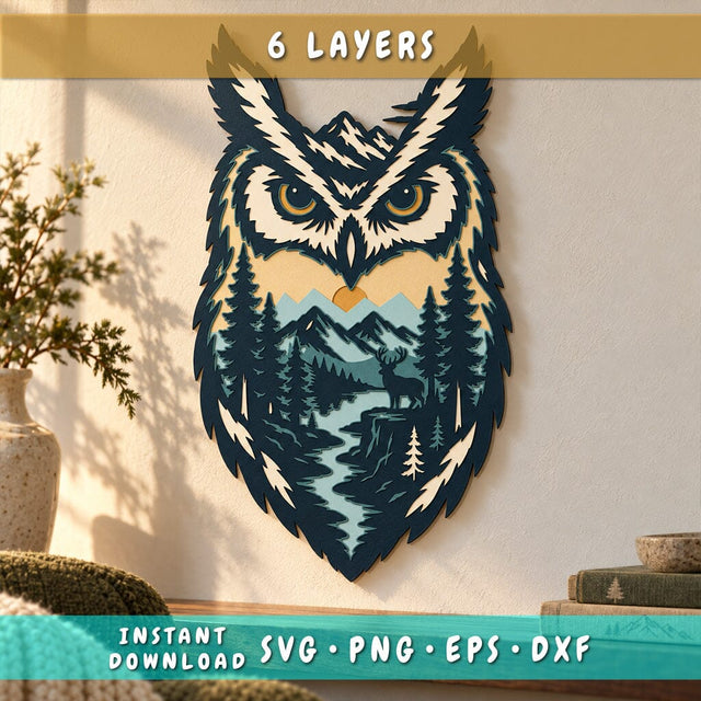 Mountain Owl 3D SVG | Owl Laser Cut File | 6 Layer Forest Owl SVG | Wildlife Landscape DXF | Layered Woodland Wall Art 3D Paper HappyDesignStudio 