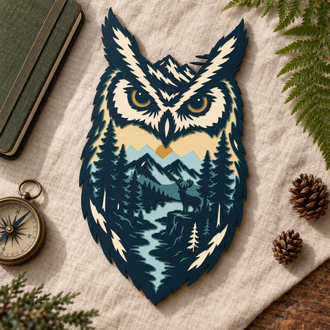 Mountain Owl 3D SVG | Owl Laser Cut File | 6 Layer Forest Owl SVG | Wildlife Landscape DXF | Layered Woodland Wall Art 3D Paper HappyDesignStudio 