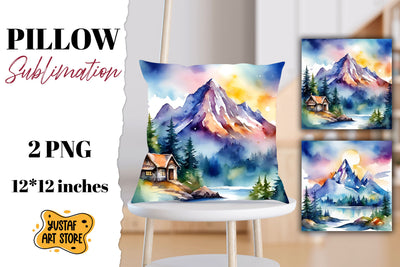 Mountain pillow sublimation. Watercolor camping Sublimation Yustaf Art Store 