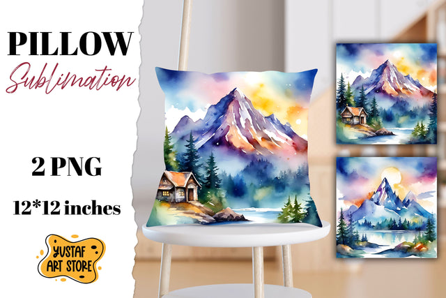 Mountain pillow sublimation. Watercolor camping Sublimation Yustaf Art Store 