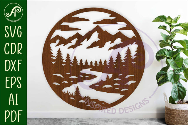 Mountain River Forest Circle SVG Laser Cut File Cabin sign SVG APInspireddesigns 
