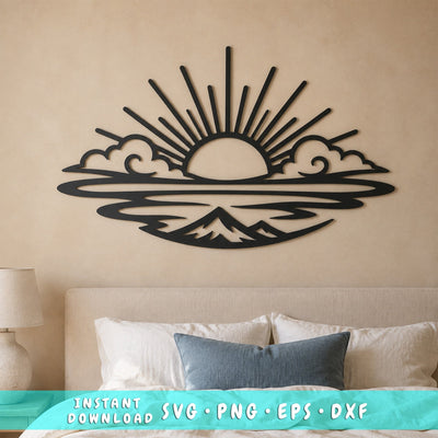 Mountain Sunrise Laser SVG | Mountain Landscape DXF | Sunrise CNC Cut File | Nature Metal Wall Art | Plasma Cutting Design SVG HappyDesignStudio 