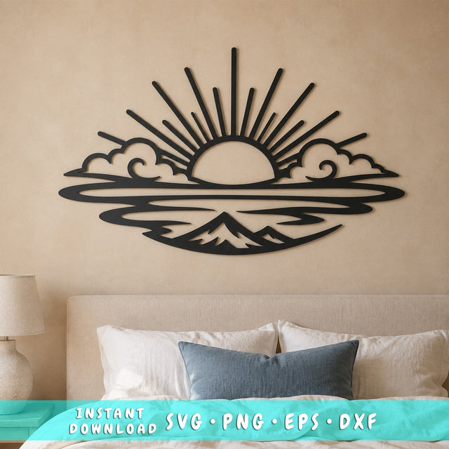 Mountain Sunrise Laser SVG | Mountain Landscape DXF | Sunrise CNC Cut File | Nature Metal Wall Art | Plasma Cutting Design SVG HappyDesignStudio 