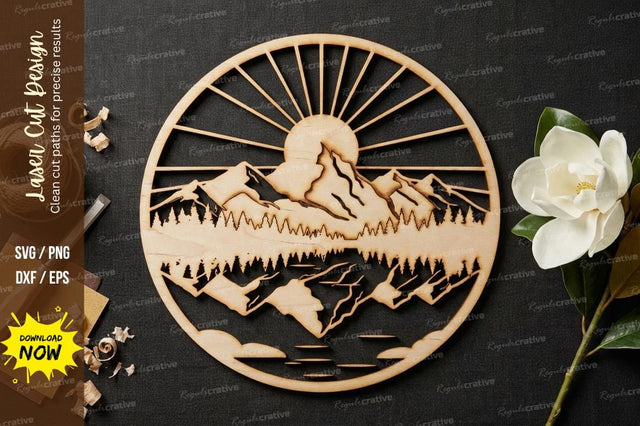Mountain Sunrise Reflection Mandala – Laser Cut Wooden Landscape Wall Art Design SVG Regulrcrative 