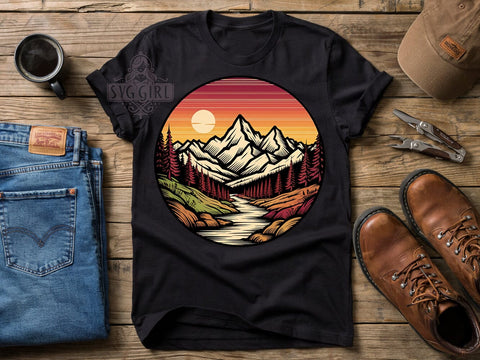 Mountain Sunset Emblem T-Shirt PNG, Mountain Sunset, Emblem Style, Outdoor Adventure, Retro Vibes, Sublimation PNG, Statement Shirt, Nature Fashion Sublimation SvggirlplusArt 