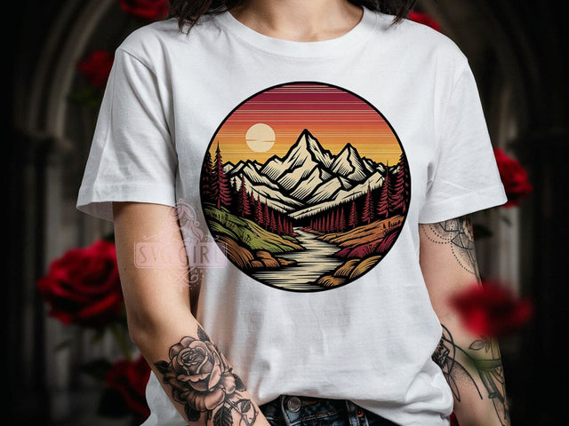 Mountain Sunset Emblem T-Shirt PNG, Mountain Sunset, Emblem Style, Outdoor Adventure, Retro Vibes, Sublimation PNG, Statement Shirt, Nature Fashion Sublimation SvggirlplusArt 