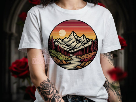 Mountain Sunset Emblem T-Shirt PNG, Mountain Sunset, Emblem Style, Outdoor Adventure, Retro Vibes, Sublimation PNG, Statement Shirt, Nature Fashion Sublimation SvggirlplusArt 