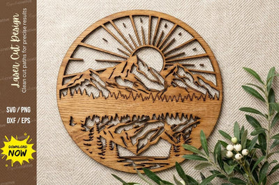 Mountain Sunset Reflection Scene – Laser Cut Wooden Circular Wall Art Design SVG Regulrcrative 
