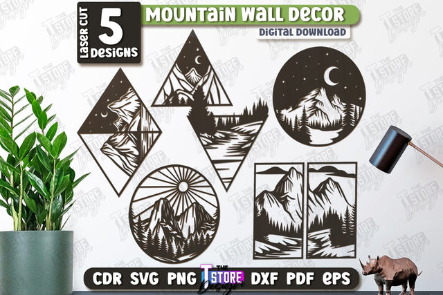 Mountain Wall Decor Laser Cut Bundle | Line Art Design | Home Interior | Silhouette Wall Art | CNC File SVG The T Store Design 