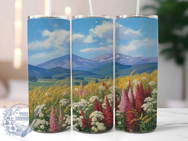 Mountain Wildflower Field Tumbler, Floral Mountain Tumbler, Stylish 20oz Wrap, Sublimation Design, Trendy Gift Idea, Botanical Mountain Wrap, Rustic Wildflower Tumbler Sublimation ToriDesigns 