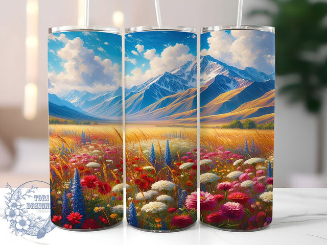 Mountain Wildflower Field Tumbler, Floral Mountain Tumbler, Stylish 20oz Wrap, Sublimation Design, Trendy Gift Idea, Botanical Mountain Wrap, Rustic Wildflower Tumbler Sublimation ToriDesigns 