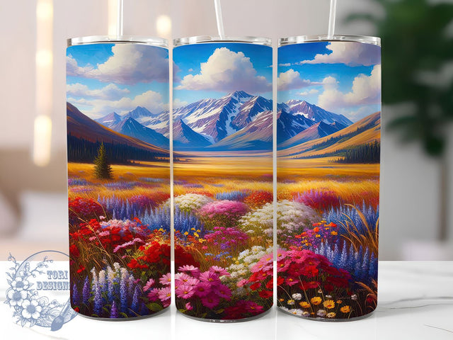 Mountain Wildflower Field Tumbler, Floral Mountain Tumbler, Stylish 20oz Wrap, Sublimation Design, Trendy Gift Idea, Botanical Mountain Wrap, Rustic Wildflower Tumbler Sublimation ToriDesigns 