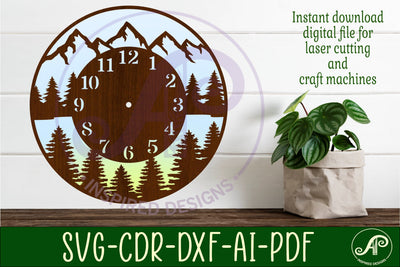 Mountains and forest clock wall clock laser cut files SVG APInspireddesigns 