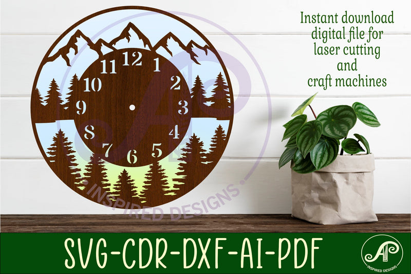 Mountains and forest clock wall clock laser cut files SVG APInspireddesigns 