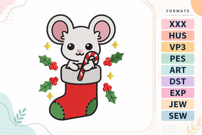 Mouse in Christmas Stocking with Candy Cane Embroidery Design Embroidery/Applique DESIGNS sg embroidery 