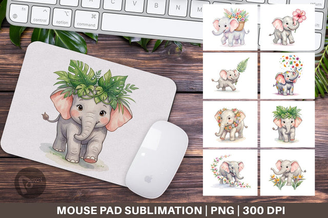 Mouse Pad Baby Elephant Floral Parade Watercolor Sublimation artnoy 