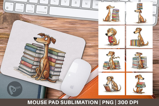 Mouse Pad Bibliophile Dog Book Stack Watercolor Sublimation artnoy 