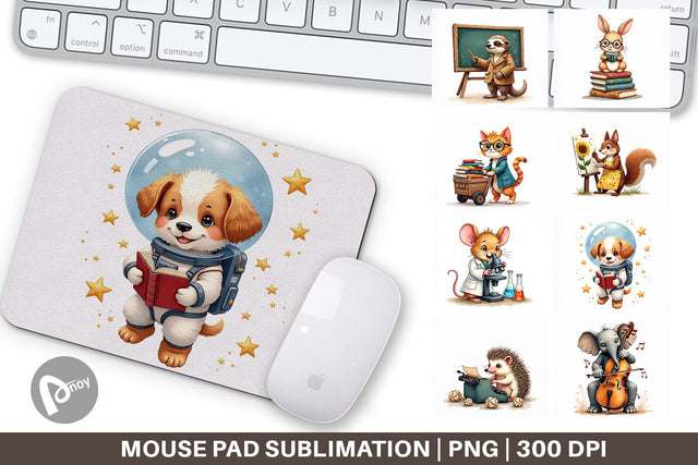 Mouse Pad Brainy Buddies Scholarly Animals Watercolor Sublimation artnoy 