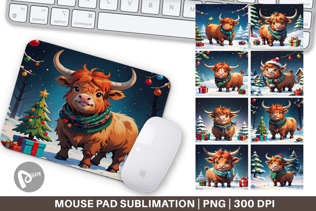 Mouse Pad Cartoon Christmas Highland Cow Sublimation artnoy 