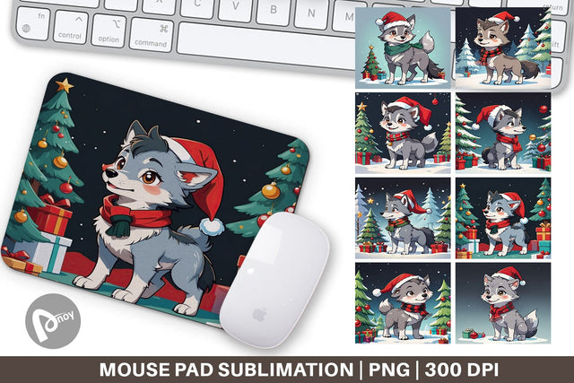 Mouse Pad Cartoon Christmas Wolf Sublimation artnoy 