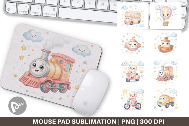 Mouse Pad Cheerful Nursery Vehicle Watercolor Sublimation artnoy 