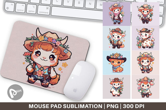 Mouse Pad Cute Highland Cow Cowboy Sublimation artnoy 
