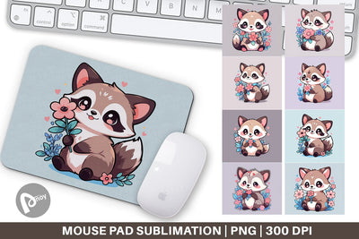 Mouse Pad Cute Raccoon with Flower Sublimation artnoy 