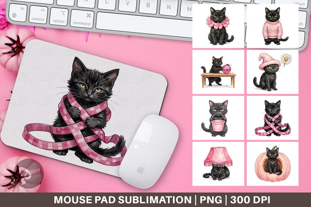 Mouse Pad Cynical Black Cat Pink Retro Watercolor Sublimation artnoy 