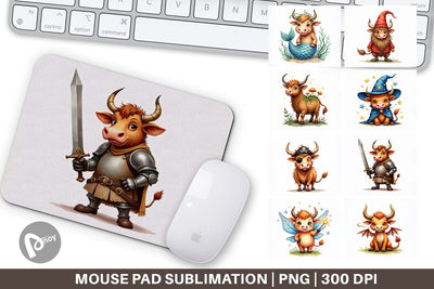 Mouse Pad Enchanted Highland Cows UglyCute Fantasy Watercolor Sublimation artnoy 