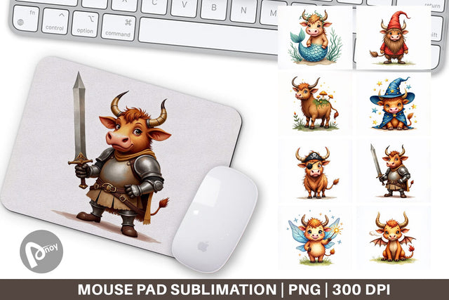 Mouse Pad Enchanted Highland Cows UglyCute Fantasy Watercolor Sublimation artnoy 