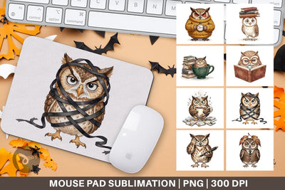 Mouse Pad Exhausted Owl Dark Academia Watercolor Sublimation artnoy 