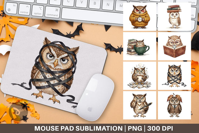 Mouse Pad Exhausted Owl Dark Academia Watercolor Sublimation artnoy 
