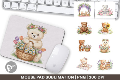 Mouse Pad Floral Garden Teddy Bear Watercolor Sublimation artnoy 